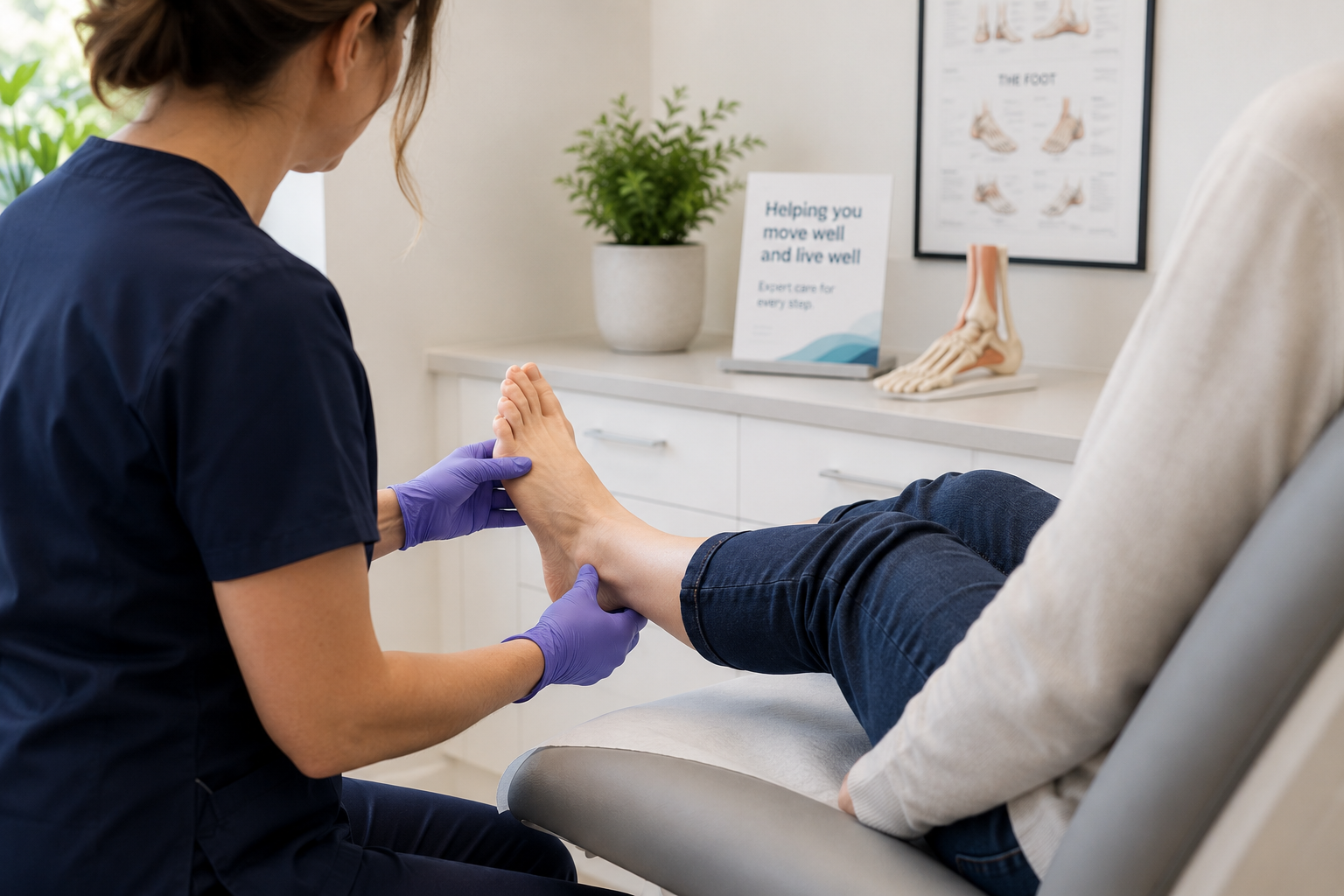A professional podiatrist in a clean modern clinic consulting with a seated patient, examining the patient's lower leg and foot with care.
