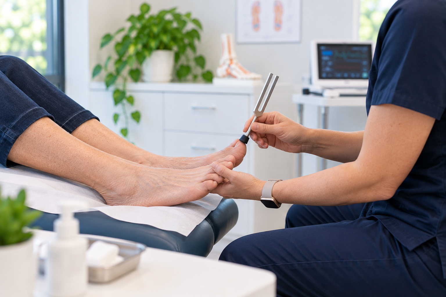 Podiatrist performing a diabetic foot assessment