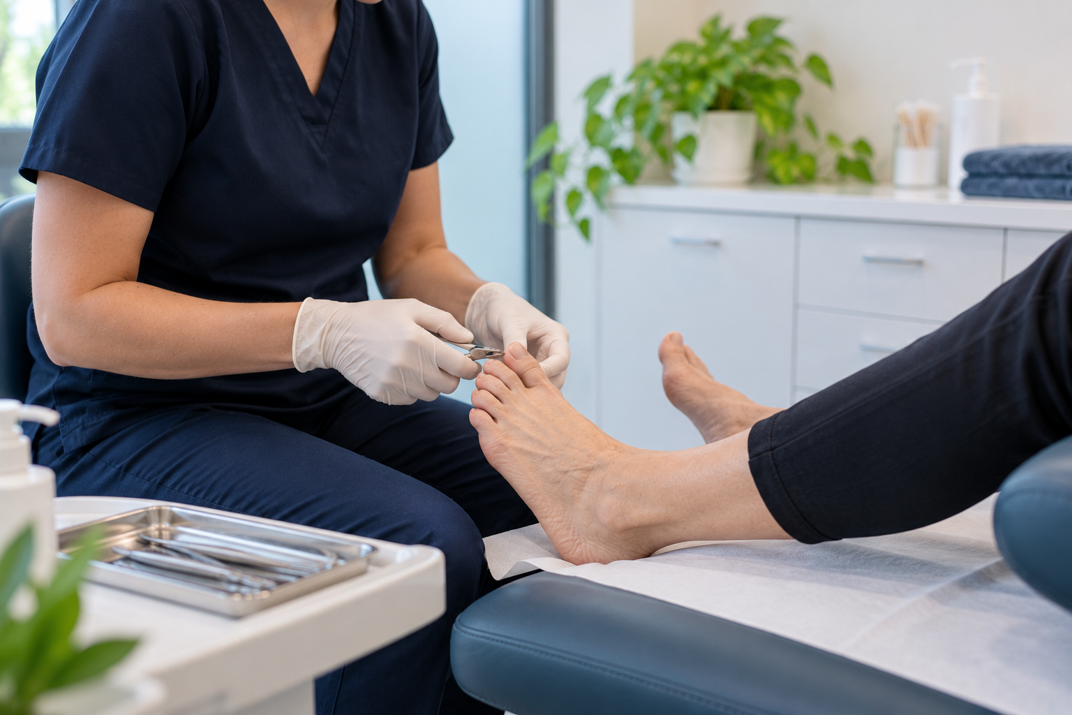 Podiatrist performing routine foot care