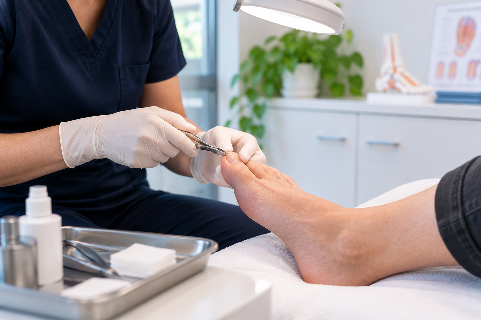 Podiatrist carefully treating a toenail with sterile instruments