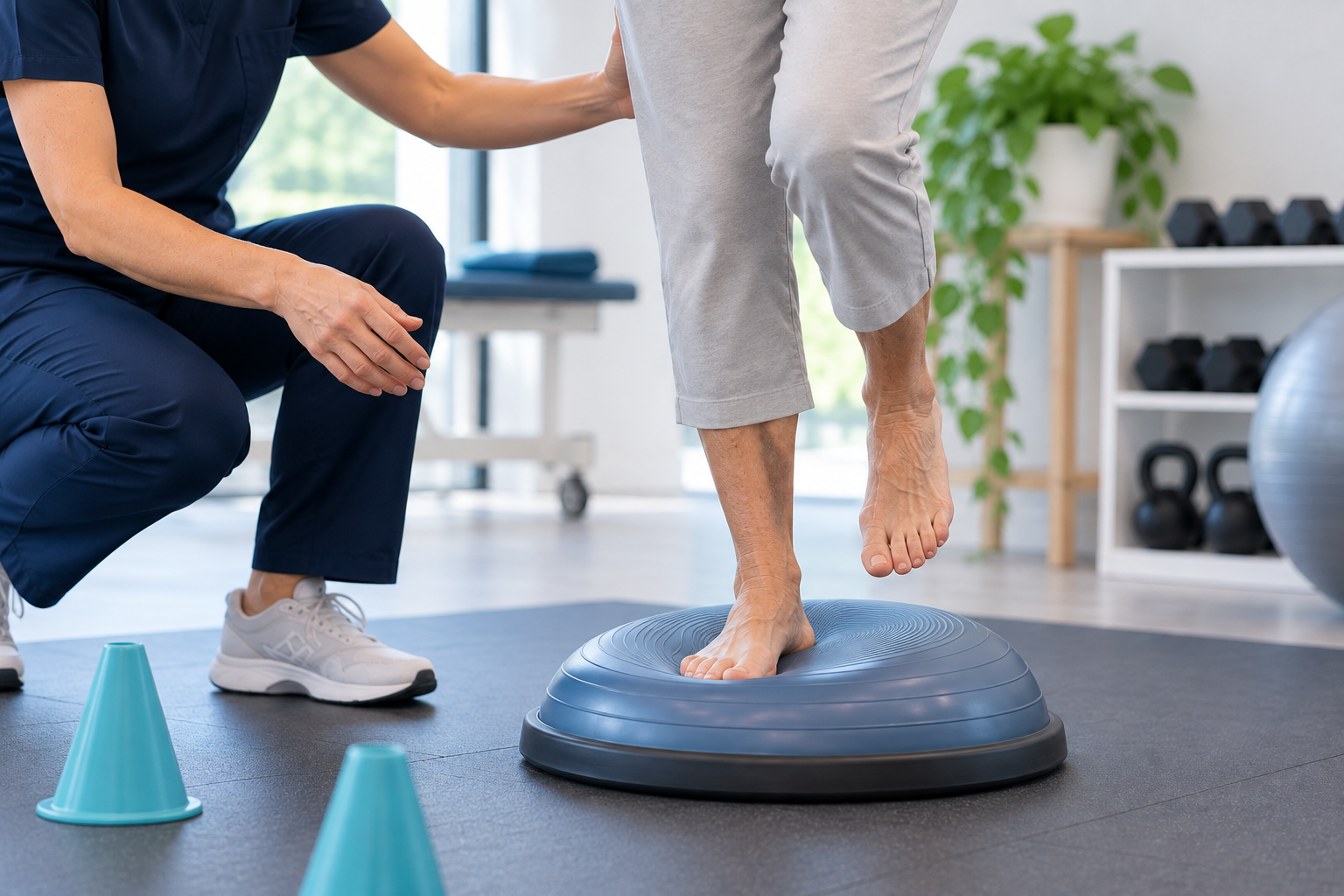 Podiatrist supporting an older adult with walking and mobility